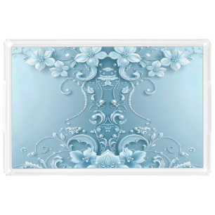Blue Decorative Floral Acrylic Vanity Tray