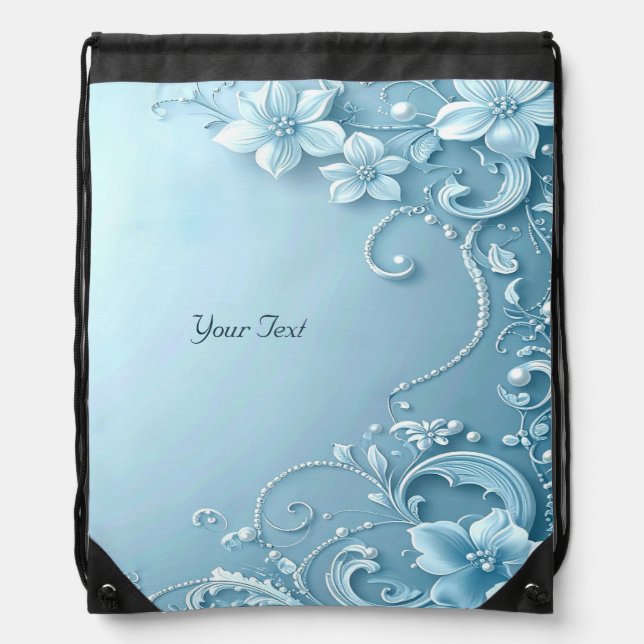 Blue Decorative Floral Drawstring Backpack (Front)