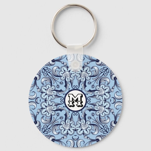 Blue decorative floral ethnic Mandala illustration Keychain (Front)