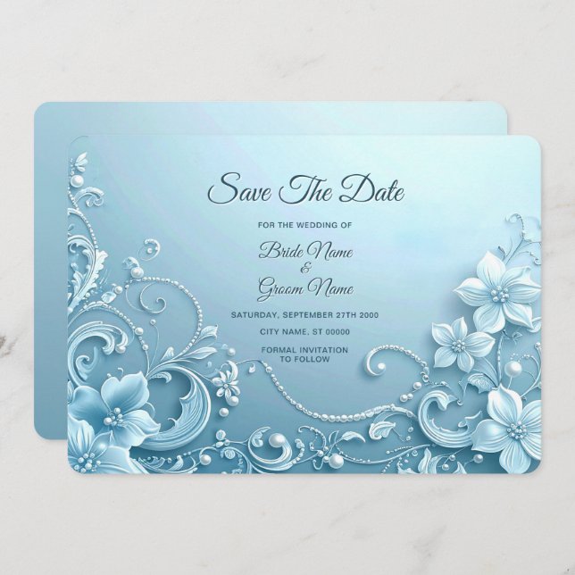 Blue Decorative Floral Save The Date (Front/Back)