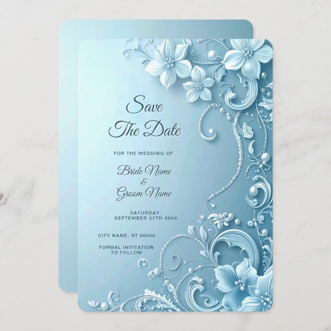 Blue Decorative Floral Save the Date (Front/Back)