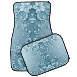 Blue Decorative Floral Set of Car Mats