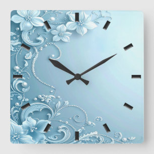 Blue Decorative Floral Wall Clock