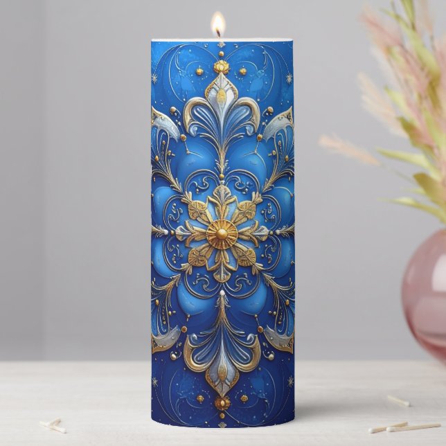 Blue Decorative Holiday Pillar Candle (In Situ)