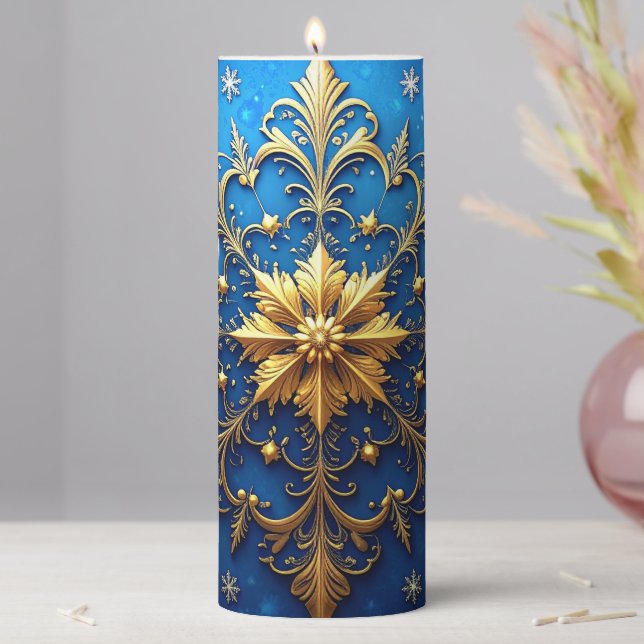 Blue Decorative Holiday Pillar Candle (In Situ)