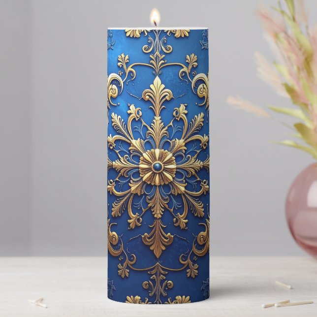 Blue Decorative Holiday Pillar Candle (In Situ)