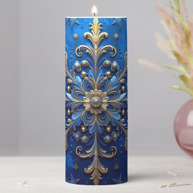 Blue Decorative Holiday Pillar Candle (In Situ)