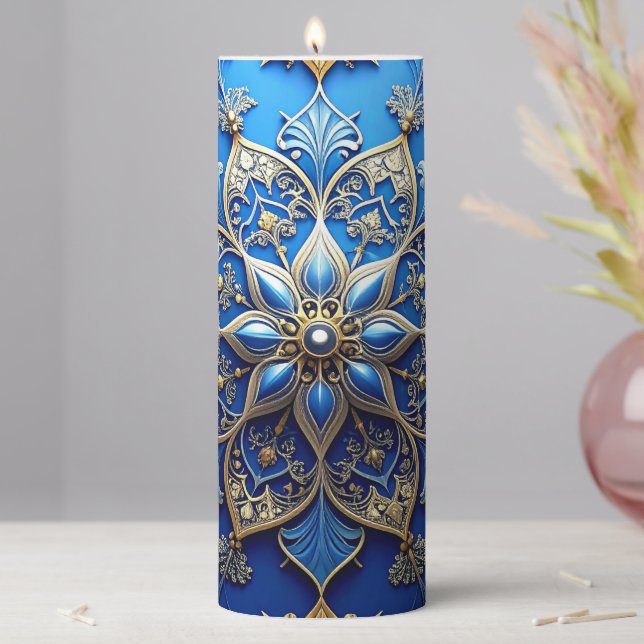 Blue Decorative Holiday Pillar Candle (In Situ)