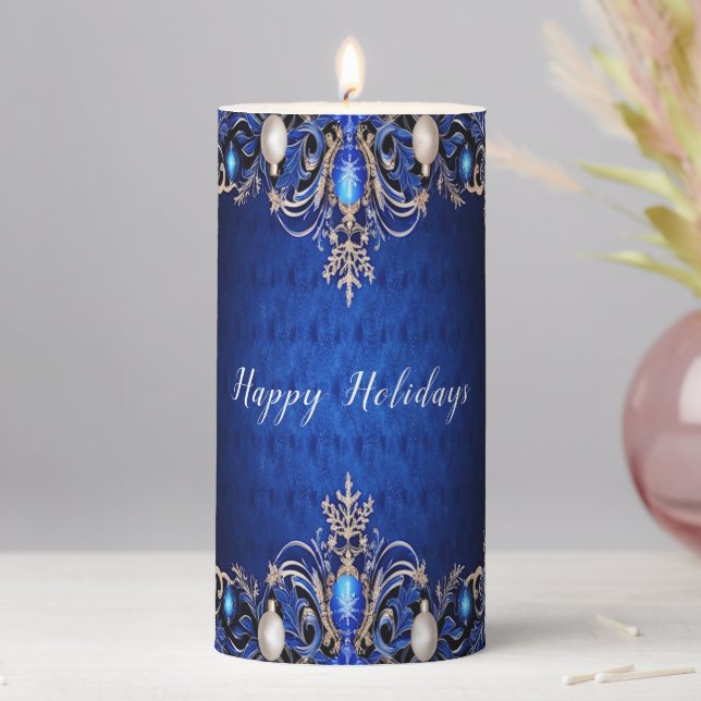 Blue Decorative Holiday Pillar Candle (In Situ)
