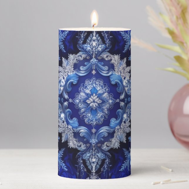 Blue Decorative Ornaments Holiday Pillar Candle (In Situ)
