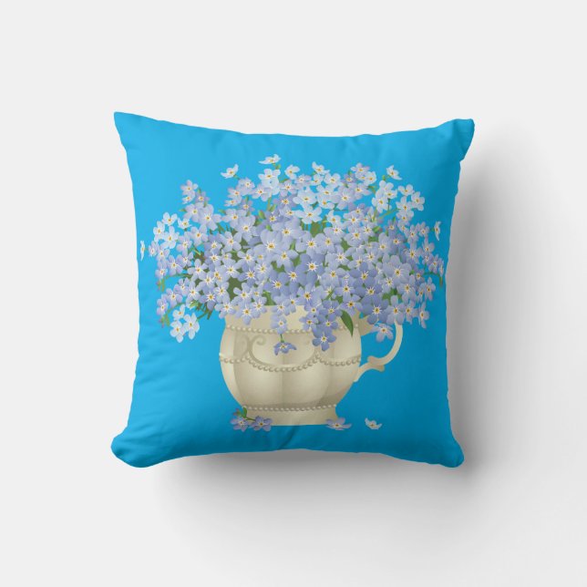 Blue Decorative Pillow with Forget-Me-Not Bouquet  (Front)