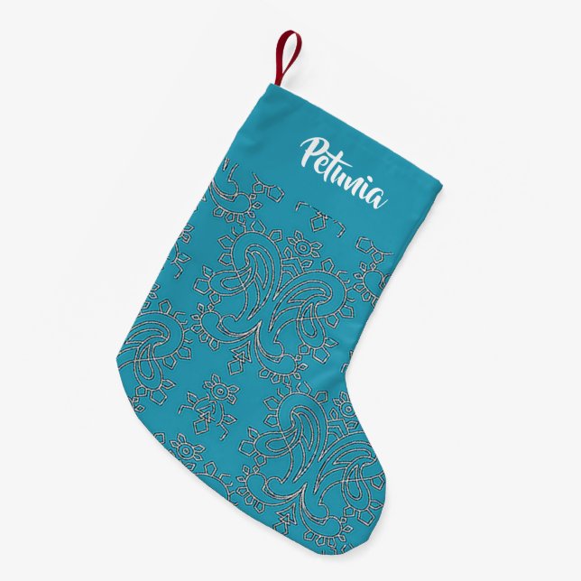 Blue decorative print  small christmas stocking (Front (Hanging))