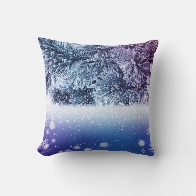 Blue Decorative Snow Glitter Merry Christmas Throw Pillow (Front)