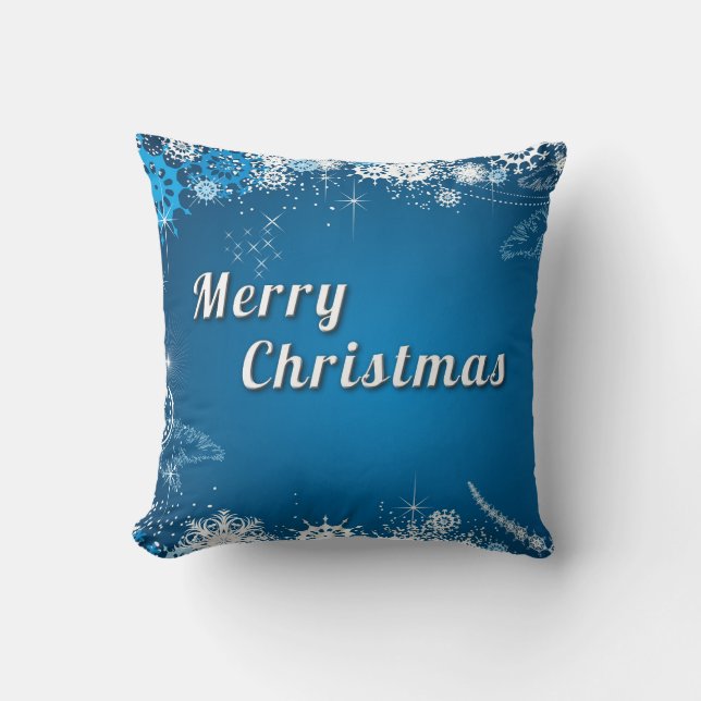 Blue Decorative Snow Glitter Merry Christmas Throw Pillow (Front)