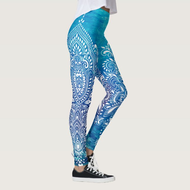 Blue Deep Ocean Background White Ornament Leggings (Right)