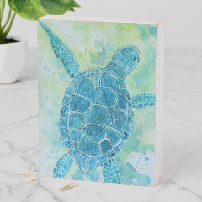 Blue Deep Sea Turtle Wooden Box Sign (In Situ Vertical)