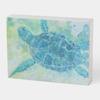 Blue Deep Sea Turtle Wooden Box Sign | Zazzle