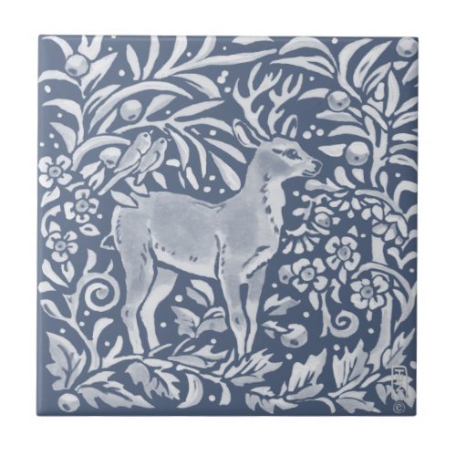 Blue Deer Buck Birds Woodland Forest Animal Ornate Ceramic Tile