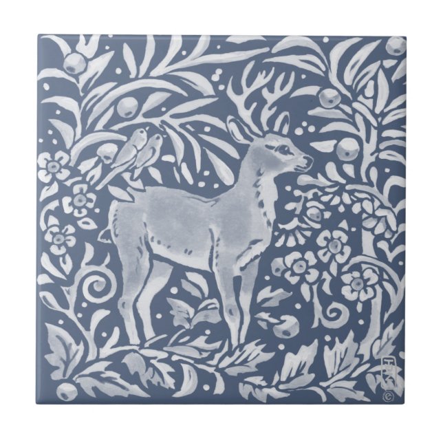 Blue Deer Buck Birds Woodland Forest Animal Ornate Ceramic Tile (Front)