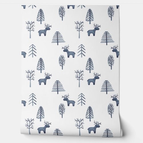 Blue deer & Christmas tree pattern Wallpaper Wallpaper