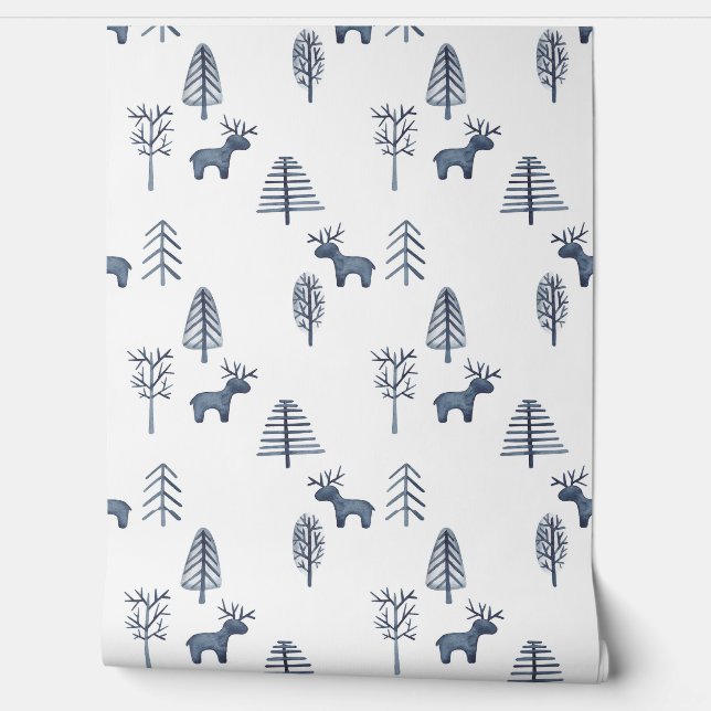 Blue deer & Christmas tree pattern Wallpaper Wallpaper (Unrolling)