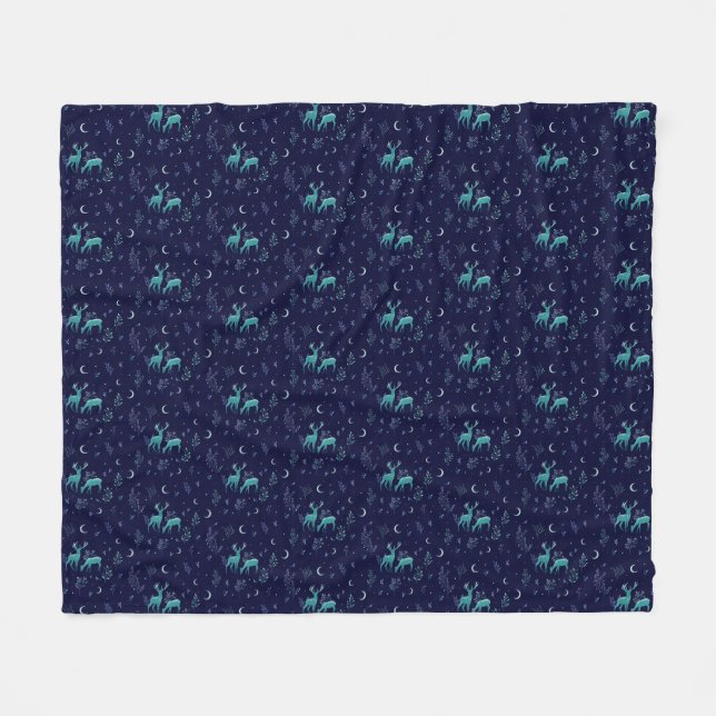 Blue Deer in the Moonlight Fleece Blanket (Front (Horizontal))