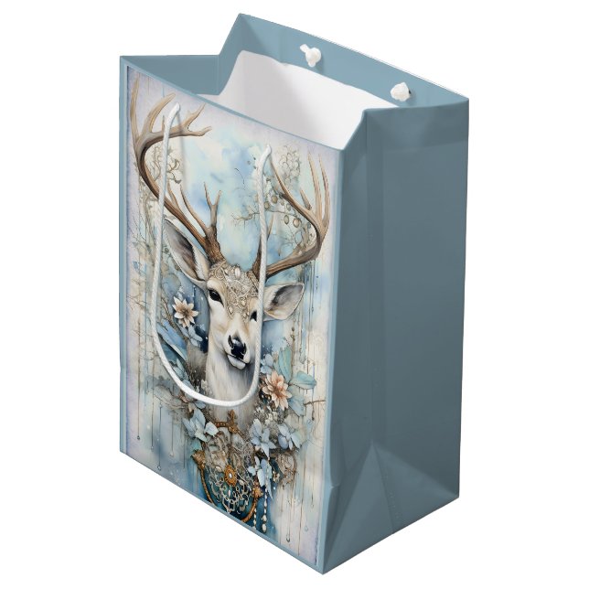 Blue Deer Wearing Floral Wreath Medium Gift Bag (Front Angled)