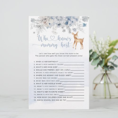 Blue deer Who knows mommy best baby shower game