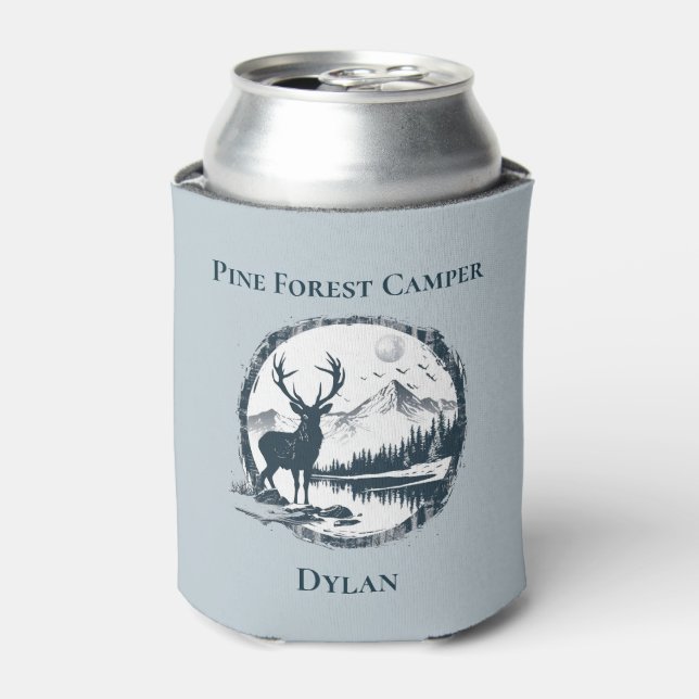 Blue Deer Woods & Mountains Custom Text & Name Can Cooler (Can Front)