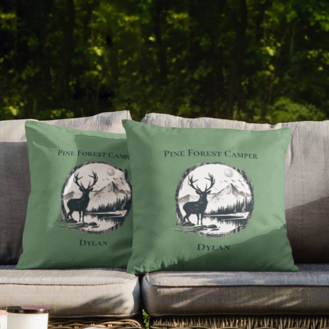 Blue Deer Woods & Mountains Custom Text & Name Throw Pillow (Creator Uploaded)