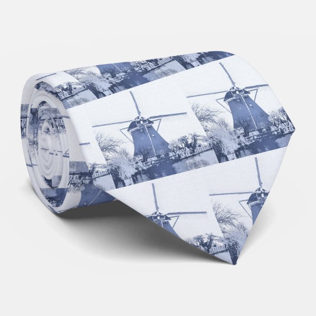 Blue Delft Dutch Windmill, Neck Tie (Rolled)