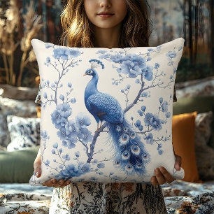 Blue Delft Peacock Elegant Bedroom Throw Pillow