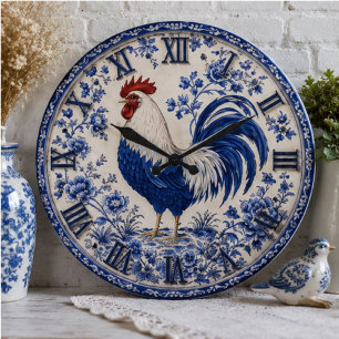 Blue Delft Rooster Farmhouse Large Clock