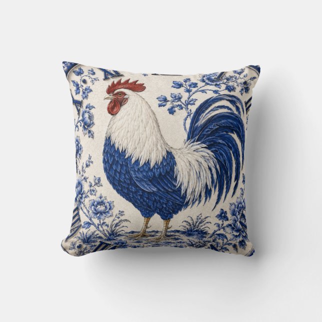 Blue Delft Rooster Farmhouse Throw Pillow (Front)