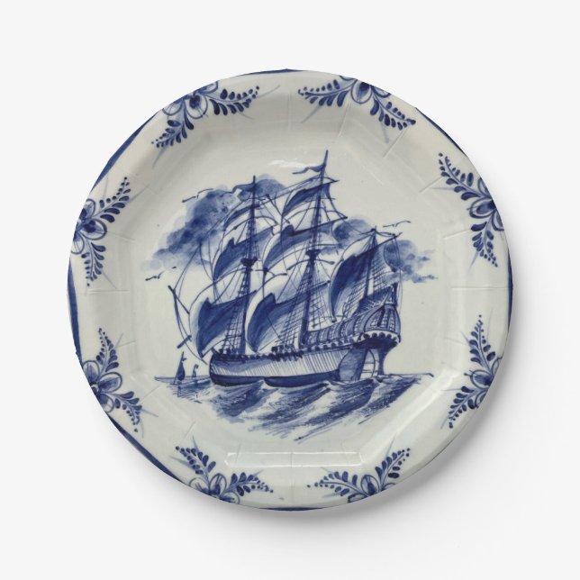 BLUE DELFT SAILING SHIP PAPER PLATES (Front)