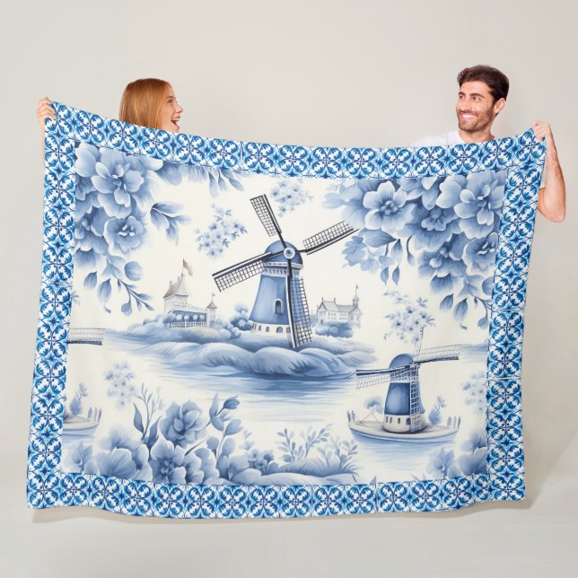 Blue Delft Windmill Floral Tile Border Fleece Blanket (In Situ)