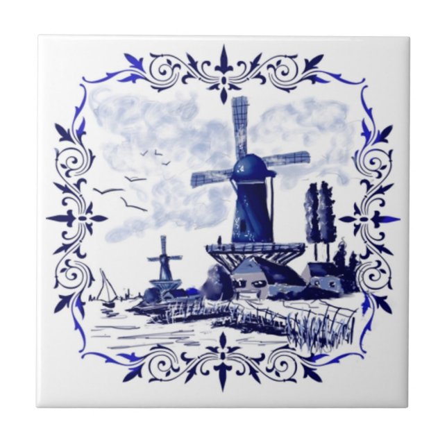 Blue Delft Windmill Scene Custom Tile (Front)