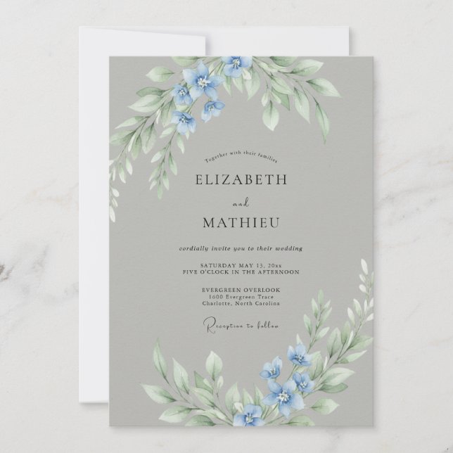 Blue Delicate Floral Wedding Invitation (Front)