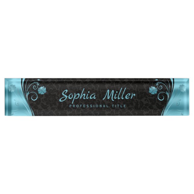 Blue Delicate Flowers Desk Name Plate (Front)
