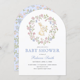 Blue Delicate Vintage Floral Bunny Baby Shower Invitation