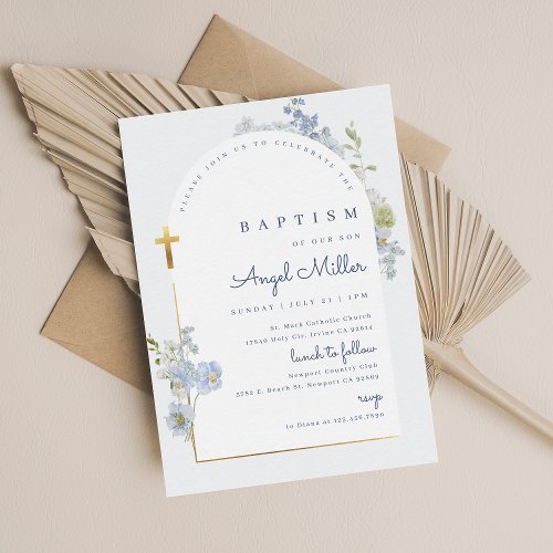 Blue Delphinium Boy Arch Baptism Invitation