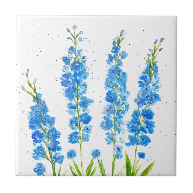 Blue delphinium floral watercolor elegant rustic ceramic tile (Front)