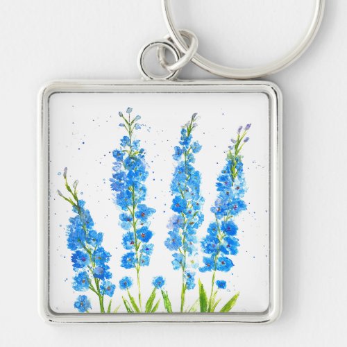 Blue delphinium floral watercolor elegant rustic keychain