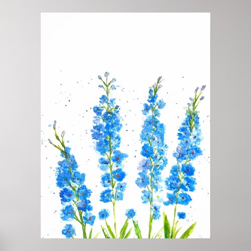 Blue delphinium floral watercolor elegant rustic poster