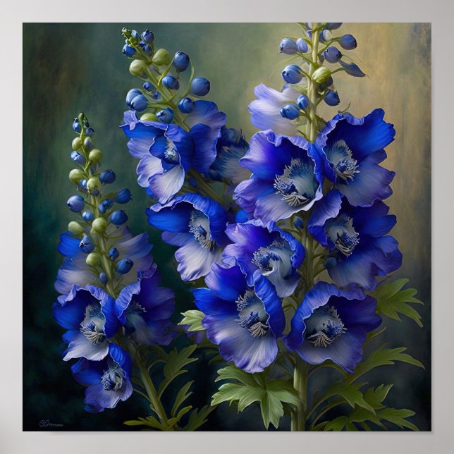 Blue Delphinium Flowers Art Print Poster (Front)