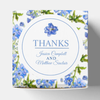 Blue delphinium flowers on white thanks favor boxes