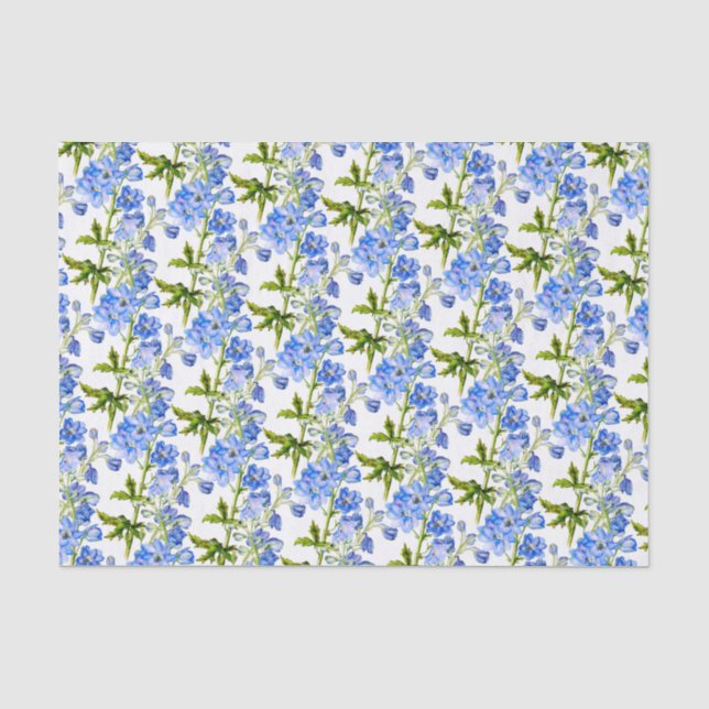 Blue delphinium flowers on white tissue paper (Front)