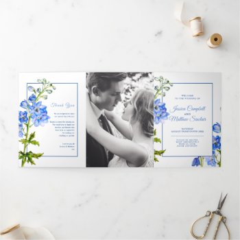 Blue Delphinium Flowers Watercolor Wedding Tri-fol Tri-fold Program by mylittleedenweddings at Zazzle