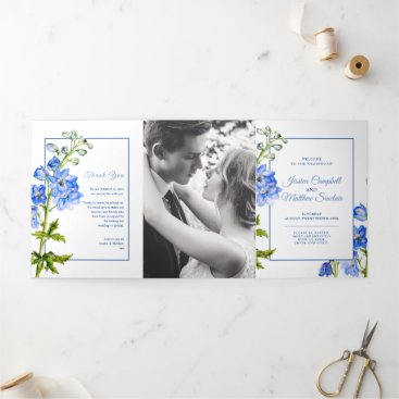 Blue delphinium flowers watercolor wedding Tri-Fol Tri-Fold Program