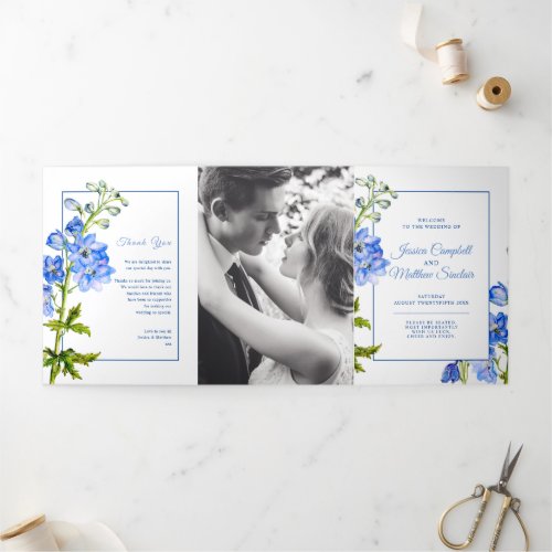 Blue delphinium flowers watercolor wedding Tri_Fol Tri_Fold Program